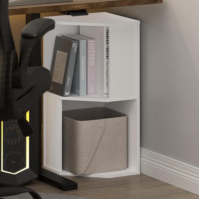 Furinno ECON Corner Shelf, 2-Tier Corner Book Shelf, Standing Storage Shelves, Cube Display Rack, Bookshelf, for Organization and Storage, Living Room, Home Office, Plain White