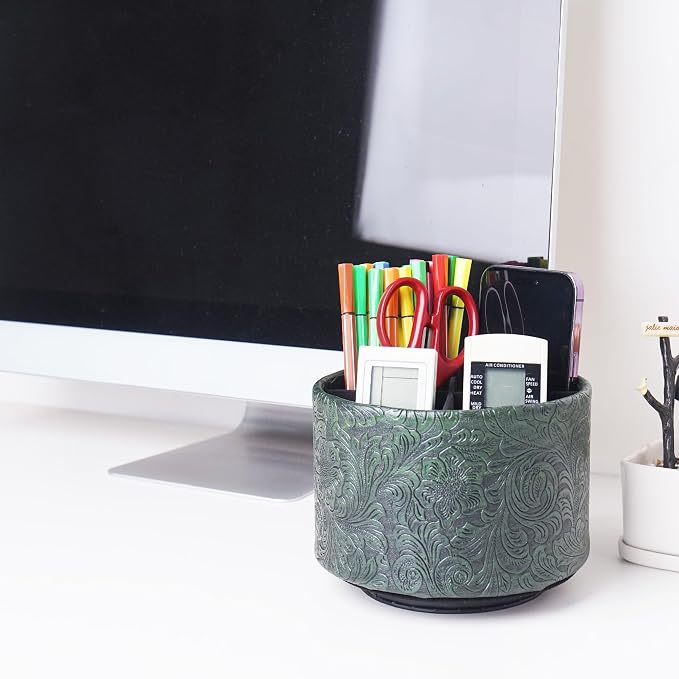 lizimandu Round Leather Art Supply Organizer,Remote Control Holder,360 Degree Spinning,Multi-Functional Pencil Holder,4 Compartments Desktop Stationary Organizer(1-Carved Metal Green1)