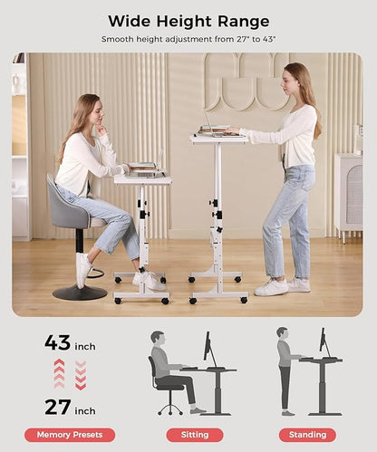 KLSMYHOKI Standing Desk Adjustable Height, Mobile Stand Up Desk with Wheels Small Computer Desk Rolling Desk, Portable Laptop Desk White Standing Table Home Office Desks 16"x31.5" Height 27"-43.5"