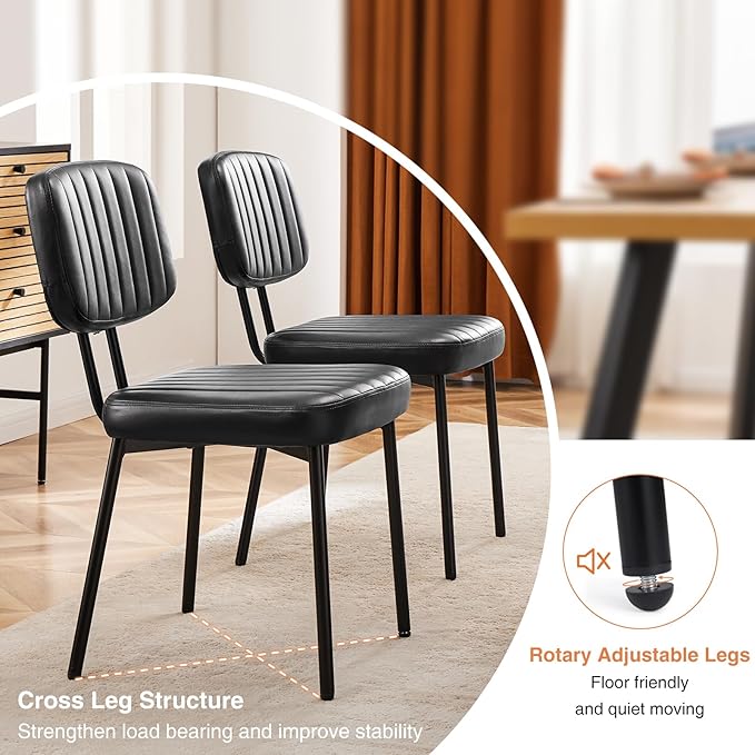 Sweetcrispy Dining Chairs Set of 6, Upholstered Mid Century Modern Kitchen Accent Chairs with Faux Leather Cushion Seat & Metal Legs for Home Office, Living Room - Black
