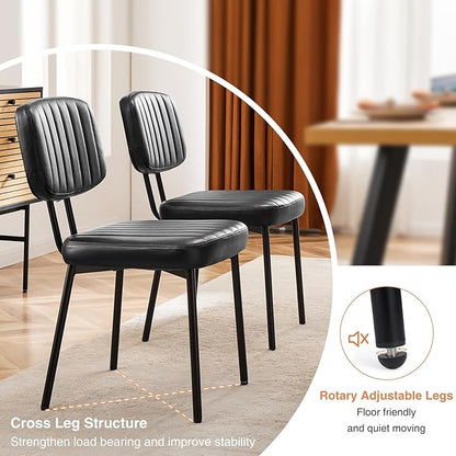 Sweetcrispy Dining Chairs Set of 6, Upholstered Mid Century Modern Kitchen Accent Chairs with Faux Leather Cushion Seat & Metal Legs for Home Office, Living Room - Black