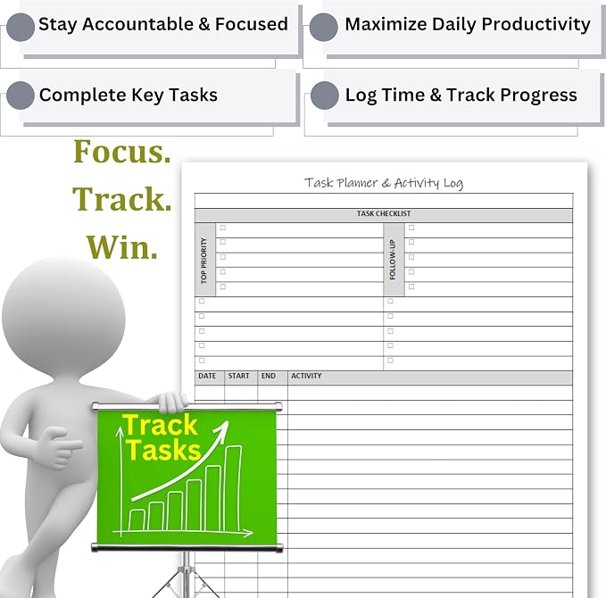 Task Planner & Activity Log Notepad for Work, Daily To Do List with Checklist, Time Tracking & Notes, 60 Pages, 8.5 x 11 Letter, Portrait – Life Charge