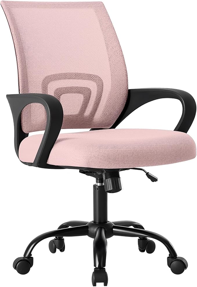 DUMOS Home Office Chair - Ergonomic Mid Back Mesh Desk Chair with Lumbar Support & Rocking Mode, Height Adjustable with Fixed Armrest, for Computer, Gaming, Meeting, 360° Swivel, Pink