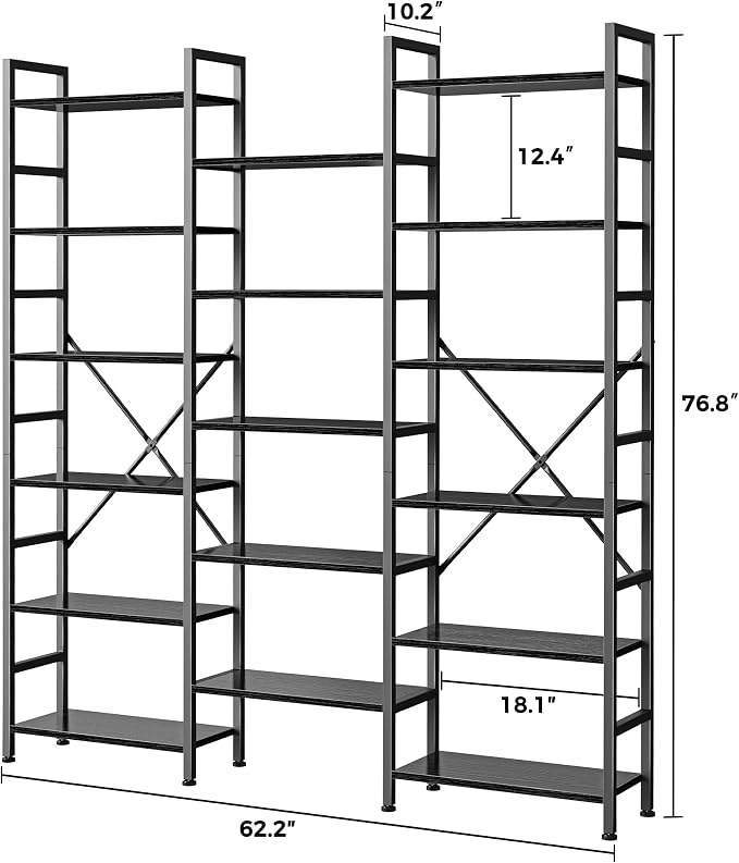 SUPERJARE Triple Bookshelf, Bookcase with 17 Open Display Shelves, Wide Book Shelf Book Case for Home & Office, 6 Tier, Black, ABC003B
