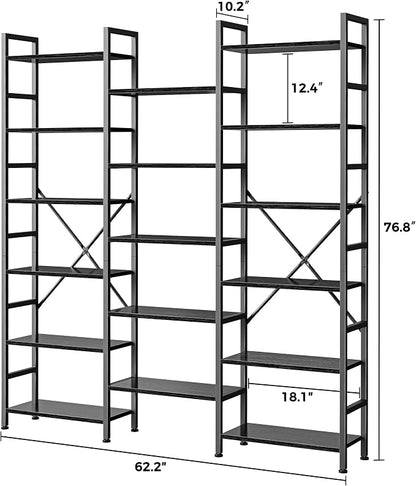 SUPERJARE Triple Bookshelf, Bookcase with 17 Open Display Shelves, Wide Book Shelf Book Case for Home & Office, 6 Tier, Black, ABC003B
