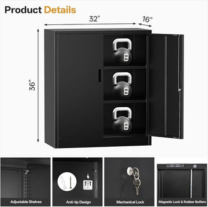Metal Storage Cabinets, Locking Cabinet with 2 Doors and Shelves, 36" H Metal Garage Cabinet for Office, Home, Garage, Warehouse (Black)