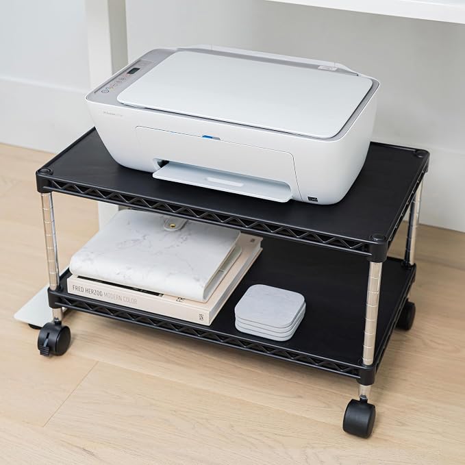 Under Desk Printer Stand with Storage 24" X 14", Printer Cart, Small Printer Stand with Wheels, Small Printer Table for Home Office, Heavy Duty Low Rolling Cart, (Regular, Black)