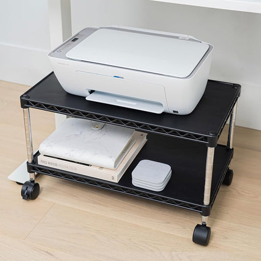Under Desk Printer Stand with Storage 24" X 14", Printer Cart, Small Printer Stand with Wheels, Small Printer Table for Home Office, Heavy Duty Low Rolling Cart, (Regular, Black)