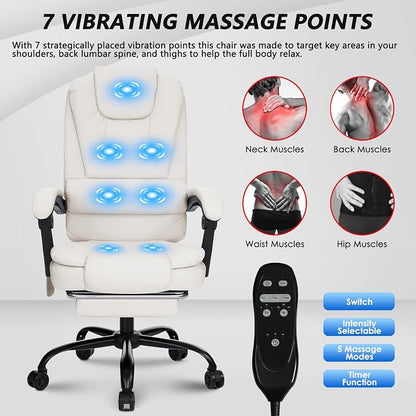 HOFFREE Massage Office Chair with Foot Rest 7 Points Vibration Ergonomic Executive Desk Chair Leather Computer Office Chair Beige
