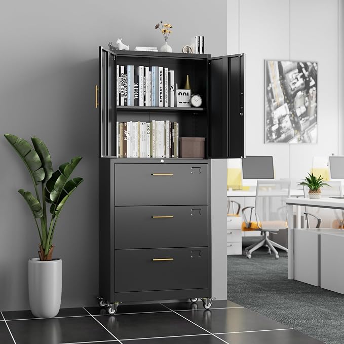 METAN Metal Storage Cabinet with 3 Drawers and 2 Doors, Lockable Rolling File Organizer on Wheels for Home Office, for Letter/Legal Size,Black, Assembly Required