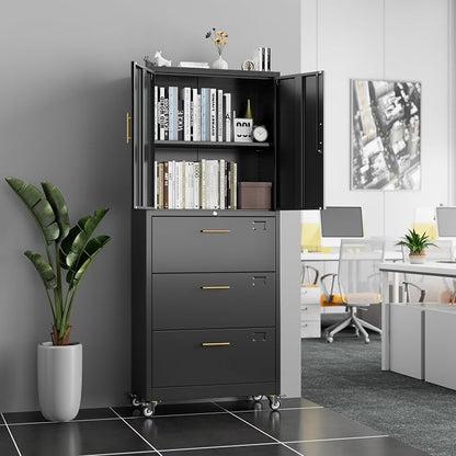 METAN Metal Storage Cabinet with 3 Drawers and 2 Doors, Lockable Rolling File Organizer on Wheels for Home Office, for Letter/Legal Size,Black, Assembly Required