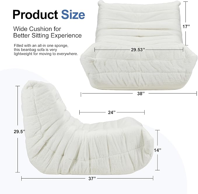 Hobestluk Adults Bean Bag Chair Faux Fur BeanBag Couch for Living Room | White Plush,Ergonomic Design,Memory Foam,UltraSoft,Anti-slip Bottom,No Assembly Required,Decorative Style for Living Room