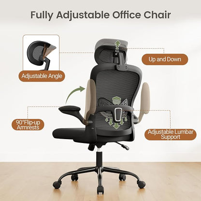 Homall Ergonomic Office Computer Chair，Computer Desk Chair with 3D Headrest Adjustable Lumbar Support，High Back Mesh Chair with Wheels for Office and Working from Home