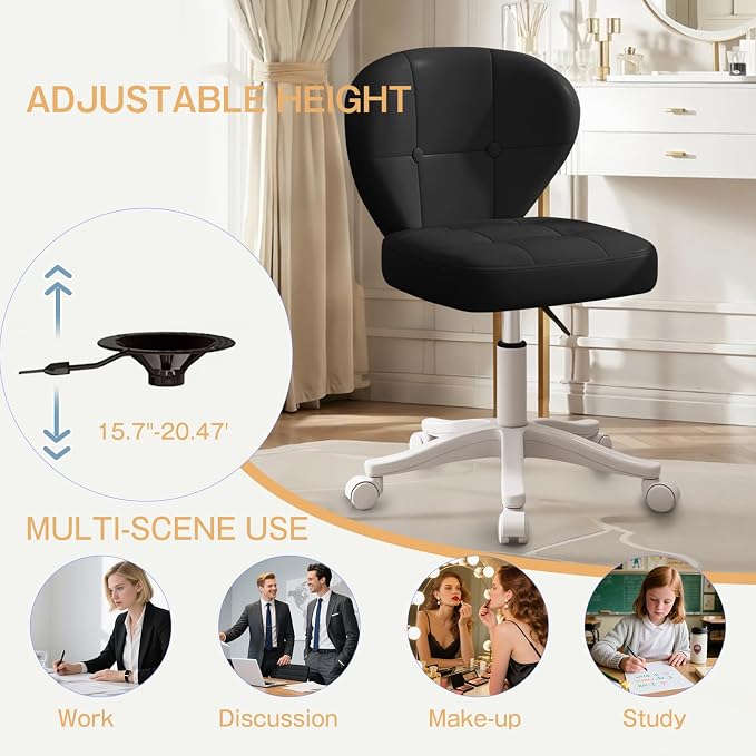 Small Office Chair with Lumbar Support, PU Leather Armless Swivel Desk Chair Adjustable Height, Compact Rolling Chair for Home Office, Bedroom, Study (Black)