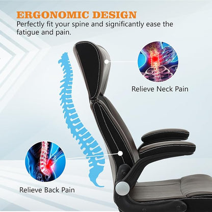 ZLHECTO® Executive Office Chair, Ergonomic Leather Desk Chair, Widened Adjustable Headrest with Flip-Up Arms, High Back Computer Swivel Task Chair with Lumbar Support, Brown