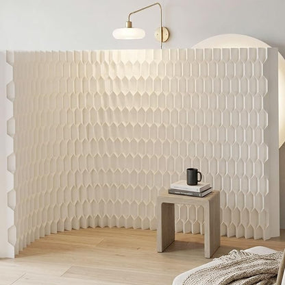 Freestanding Room Divider – Double‑Sided Honeycomb & Pleated, Accordion Kraft Paper Privacy Screen with 16.9" Wide Anti‑Slip Base, Portable Partition Wall for Living Room, Studio, Exhibition