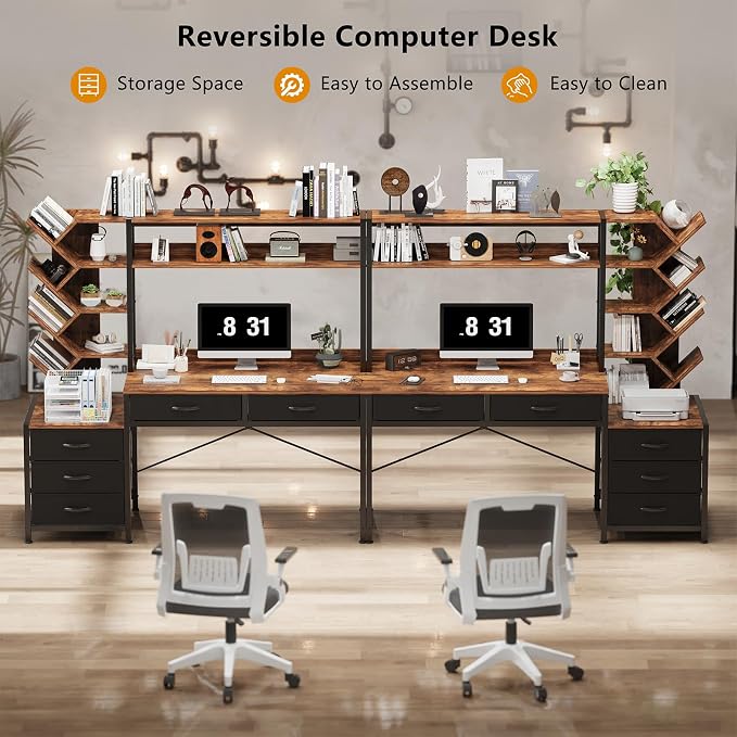YOMILUVE Reversible Computer Desk with Hutch, Home Office Desk with 5 Drawers and Bookshelf, 52'' Study Writing Desk with Storage Shelves for Bedroom Home Office, Rustic Brown