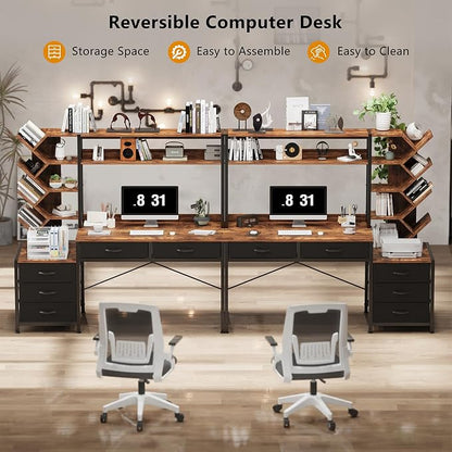 YOMILUVE Reversible Computer Desk with Hutch, Home Office Desk with 5 Drawers and Bookshelf, 52'' Study Writing Desk with Storage Shelves for Bedroom Home Office, Rustic Brown