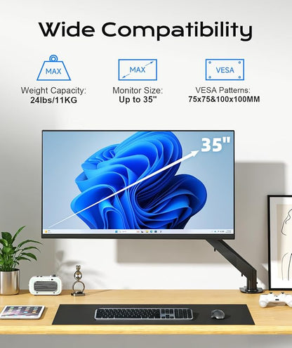 Pholiten Single Monitor Mount, Fully Adjustable Gas Spring Single Monitor Arm for up to 35 inch Screens, Computer Monitor Stand for Desk Holds up to 24lb, VESA 75/100mm, Black