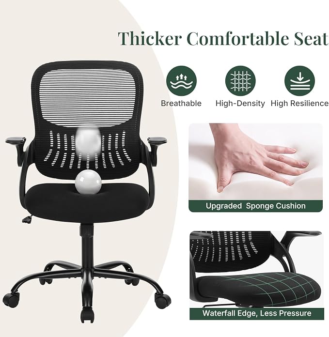 Home Office Desk Chair, Ergonomic Mid-Back Mesh Computer Task Chair with Comfortable Lumbar Support, Height Adjustable Swivel with Flip-up Armrest for Adults, Student, Black