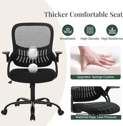 Home Office Desk Chair, Ergonomic Mid-Back Mesh Computer Task Chair with Comfortable Lumbar Support, Height Adjustable Swivel with Flip-up Armrest for Adults, Student, Black