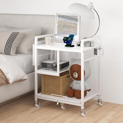 Sedegn Large Printer Stand with Wheels: Lockable Rolling Printer Cart | 24 x 18 Inch Top Fits Laser Printers Shredders and PC Towers 3-Outlet Power Strip and Storage Bag for Home Office (White)