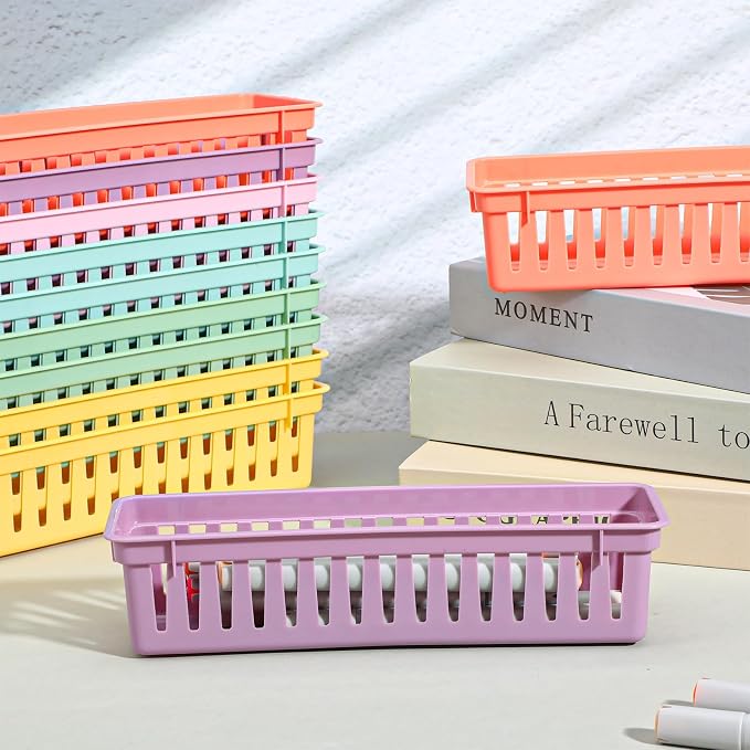 24Pack Small Pencil Basket, 10" x 3" Plastic Pencil Holder for Classroom, Slim Stackable Pencils Tray Storage for Office Desk and Elementary Teacher Organization Supplies (Colorful)