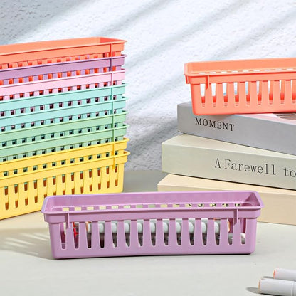 24Pack Small Pencil Basket, 10" x 3" Plastic Pencil Holder for Classroom, Slim Stackable Pencils Tray Storage for Office Desk and Elementary Teacher Organization Supplies (Colorful)