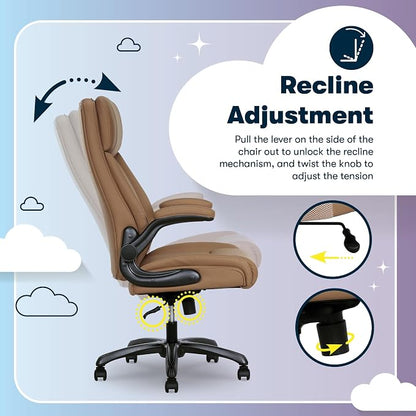 Serta Torrington Big & Tall Office Chair, with Flip-Up Padded Armrests, Ultra-Comfortable ComfortCoils Seat Cushion Technology, Modern Executive Premium PU Desk Chair, Tan