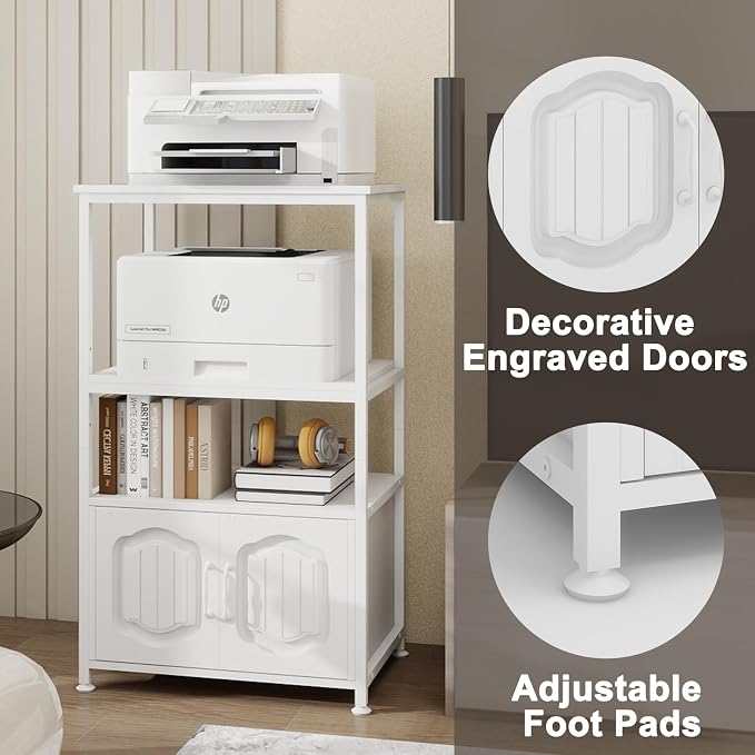 Natwind 4 Tier Printer Stand with File Cabinet, Vertical Filling Cabinet with Adjustable Open Shelves, Decorative Wood Printer Shelf with Storage for Home Office, White