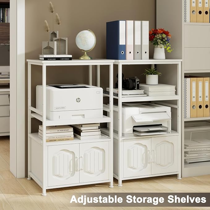 Natwind 4 Tier Printer Stand with File Cabinet, Vertical Filling Cabinet with Adjustable Open Shelves, Decorative Wood Printer Shelf with Storage for Home Office, White
