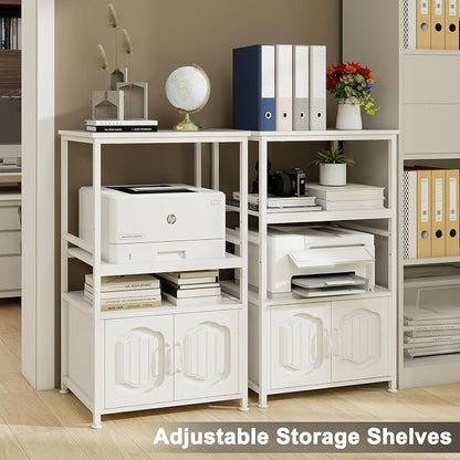 Natwind 4 Tier Printer Stand with File Cabinet, Vertical Filling Cabinet with Adjustable Open Shelves, Decorative Wood Printer Shelf with Storage for Home Office, White
