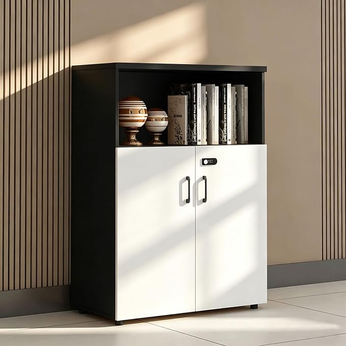 File Cabinet with Password Lock, Wood Lateral Filing Cabinet for Letter/A4 Files, 3 Drawer with Door, Printer Stand with Open Shelves for Home Office