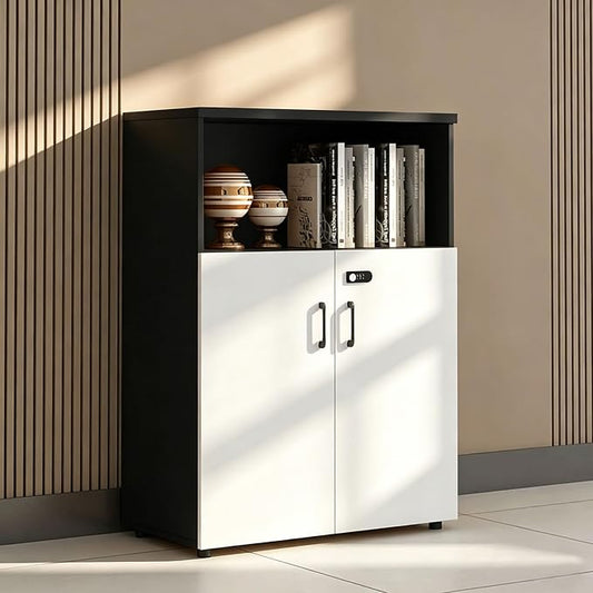 File Cabinet with Password Lock, Wood Lateral Filing Cabinet for Letter/A4 Files, 3 Drawer with Door, Printer Stand with Open Shelves for Home Office
