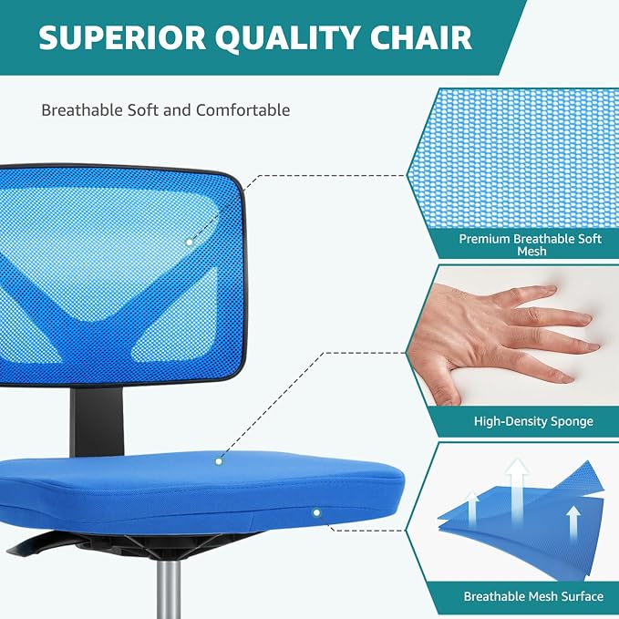 OLIXIS Armless Office Chair, Ergonomic Desk Chair with Wheels, Mesh Back, Removable Washable Foam Cushion, Height Adjustable Rolling Swivel Chairs for Small Space, Home, Office, Blue