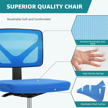 OLIXIS Armless Office Chair, Ergonomic Desk Chair with Wheels, Mesh Back, Removable Washable Foam Cushion, Height Adjustable Rolling Swivel Chairs for Small Space, Home, Office, Blue