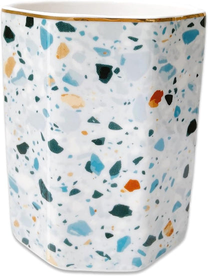 Pen Holder, Makeup Brush Holder Ceramic Gold Nordic Terrazzo Marble Pattern Pencil Cup for Girls Kids Women Durable Desk Organizer Storage Gift for Office, Classroom, Home Modern Light Blue