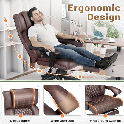 HOMREST 500lbs Big and Tall Office Chair, Ergonomic Heavy Duty Chair with Adjustable Lumbar Support & Backrest, Executive Leather Office Chair with Wide Armrests and Wheels (Brown)