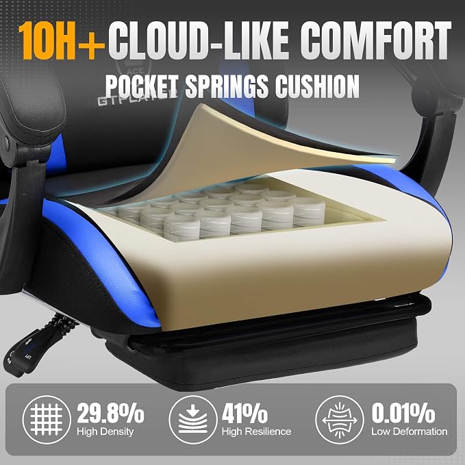 GTPLAYER Gaming Chair with Pocket Spring Cushion, Leather Office Chair with Ergonomic High Back & Lumbar Support for Back Pain Relief, Computer Game Chair for Adults, Cobalt Blue