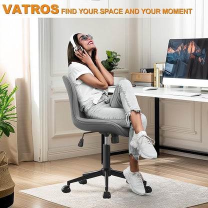 Armless Office Chair, Height Adjustable Desk Chair with Wheels, Ergonomic Comfy 360° Swivel Home Office Computer Task Chair, Faux Leather Padded Cute Vanity Chair, Gray