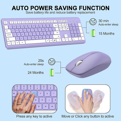 Wireless Keyboard and Mouse Combo, Full-Size Silent Ergonomic Keyboard and Optical Mouse, Long Battery Life, 2.4G Lag-Free Mice Keyboard for Computer, Mac, Laptop, PC, Windows(Purple)