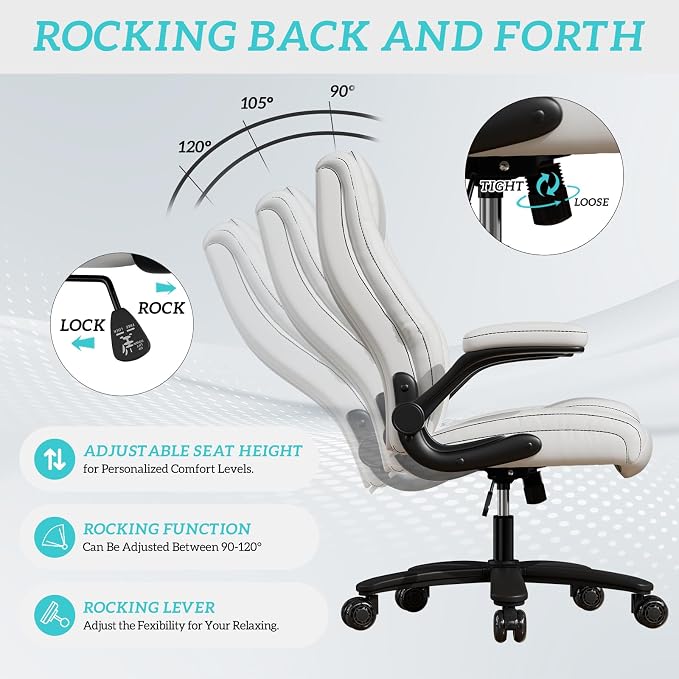 GYI High Back Executive Office Desk Chair, Leather Computer Chair, White | 2.6"Rubber Wheels, Flip-up Arms, Heavy Duty Base, Thick Padded Seat, Lumbar Support, Home, Conference Rooms, Reception Areas