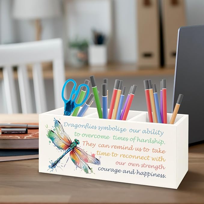 Inspirational Dragonfly Wooden Pen Pencil Holder for Office Desk Accessories, Motivational Gifts for Women, Encouragement Gifts Makeup Brush Toothbrush Holder Organizer
