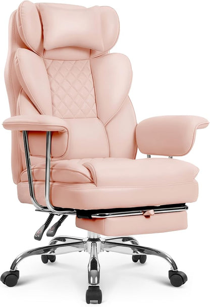 NEO CHAIR Big and Tall Office Chair Gaming Computer Chair High Back Heavy Duty Desk Chai with Lumbar Support Adjustable Recliner Footrest Wide Seat Leather Executive Home with Wheels (Leather Pink)