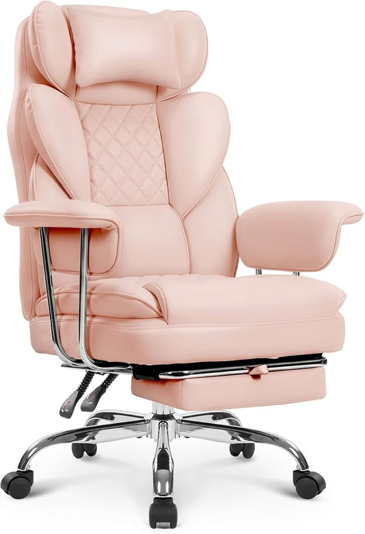 NEO CHAIR Big and Tall Office Chair Gaming Computer Chair High Back Heavy Duty Desk Chai with Lumbar Support Adjustable Recliner Footrest Wide Seat Leather Executive Home with Wheels (Leather Pink)