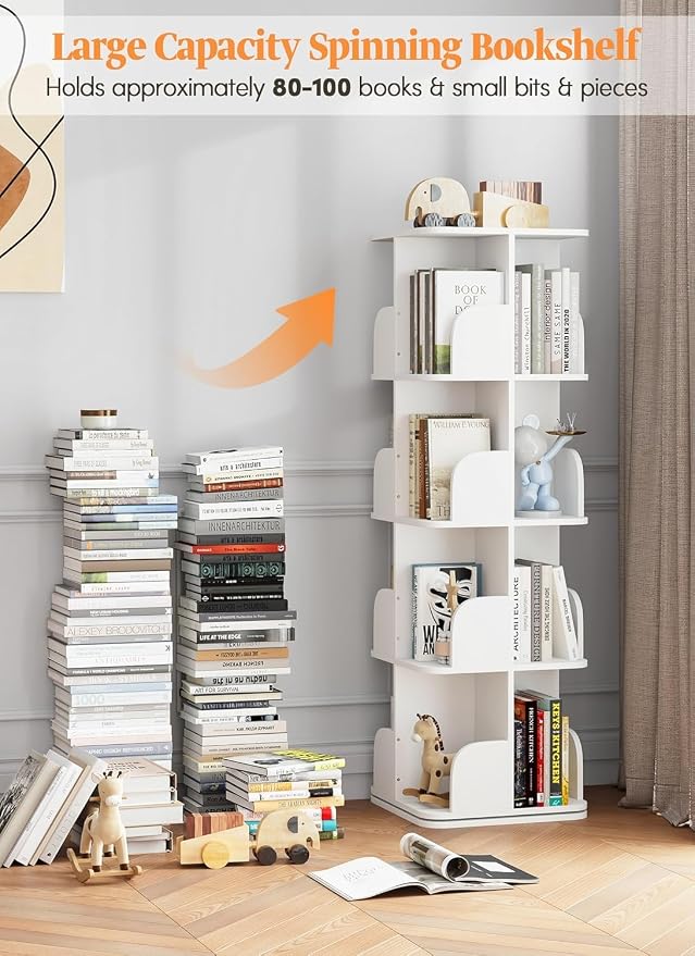 Turosur Rotating Bookshelf Tower, 4 Tier Spinning Square Bookshelf for Small Spaces, 360 Display Kids Bookshelves, Revolving Bookcase Floor Standing Storage Rack, White