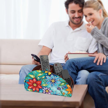 DIY Diamond Painting Storage Box Floral Design Multi-Compartment Wooden Organizer for TV AC Remotes, Makeup Brushes, Pens, Desktop Tabletop Craft Storage
