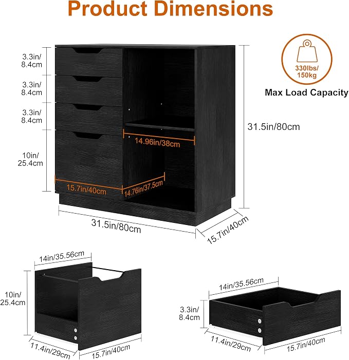 TQVAI 4 Drawer Filing Cabinet Organizer with 2 Open Shelves, Heavy Duty for Storing Letter A4 Size and Printer, Wood Lateral File Cabinets for Home Office, Hanging Files, Black, Easy Assembly