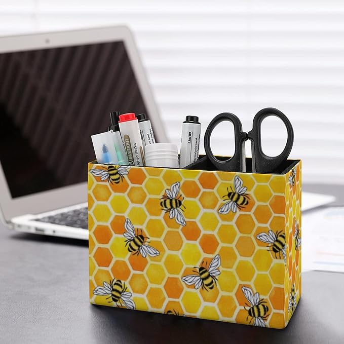 Niapessel Pencil Holder for Desk, Yellow Honeycomb And Bees Pen Holder Storage Desktop Pen Organizer Desk Pencil Organizer Makeup Brush Holder for Office School College Leather