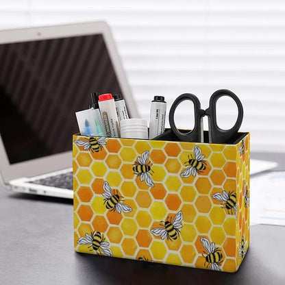 Niapessel Pencil Holder for Desk, Yellow Honeycomb And Bees Pen Holder Storage Desktop Pen Organizer Desk Pencil Organizer Makeup Brush Holder for Office School College Leather
